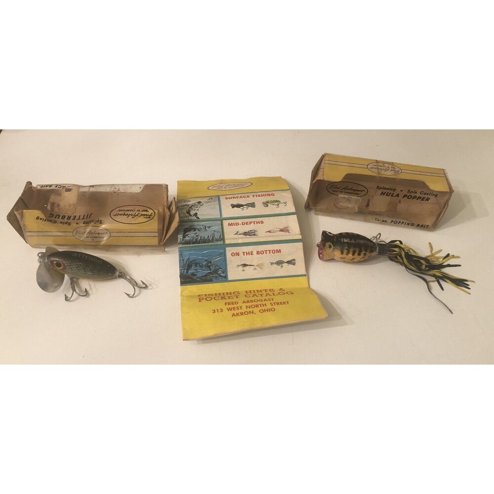 2 Vintage Lures Jitterbug & Hula Popper By Fred Arbogast & Pocket Catalog